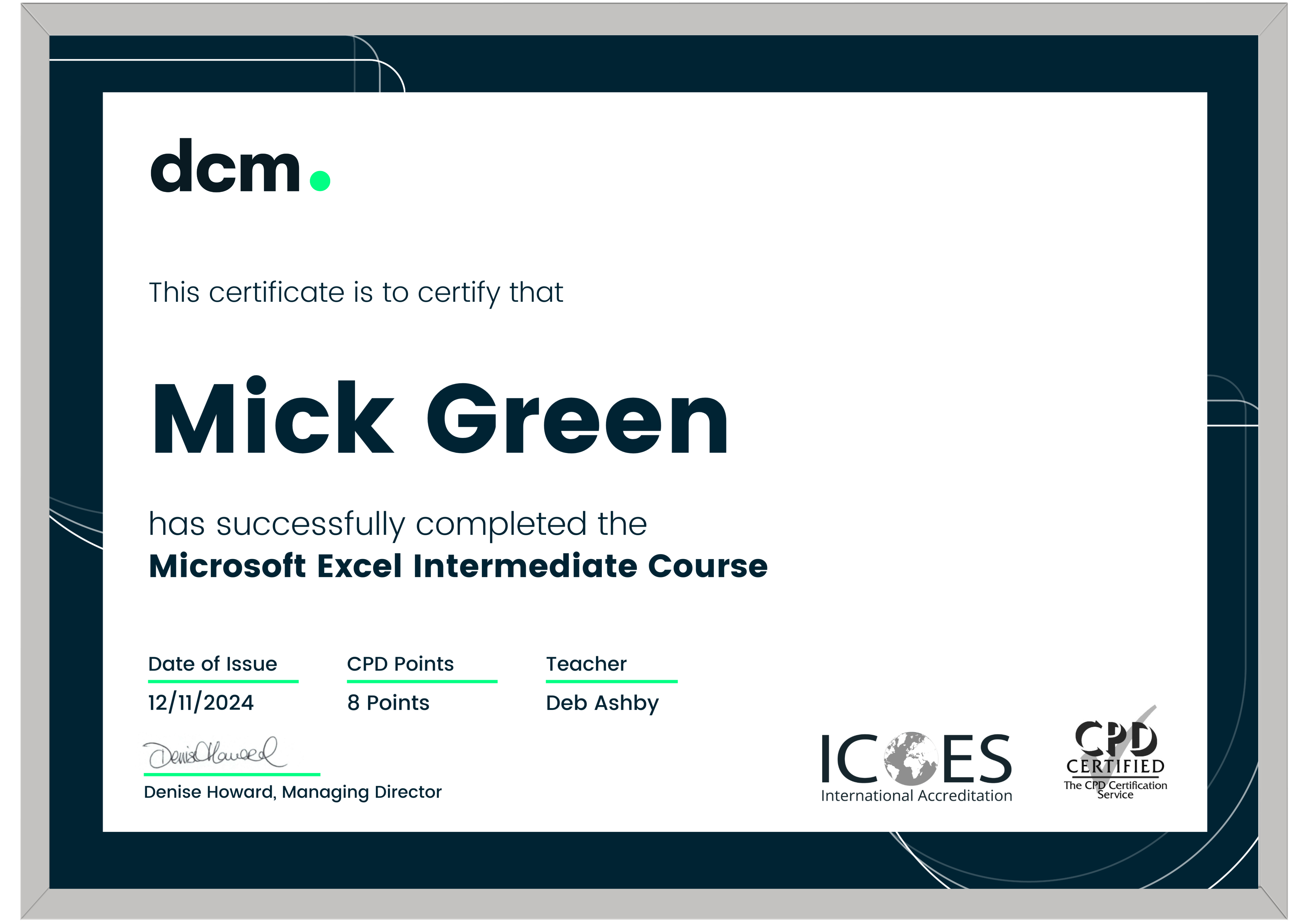 Certificate Microsoft Excel Intermediate